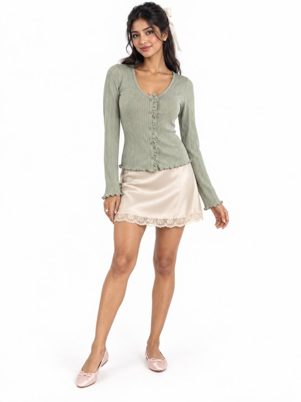 Joie Danna Tee Shirt Light Moss Green Size S Ribbed Ruffle Coquette